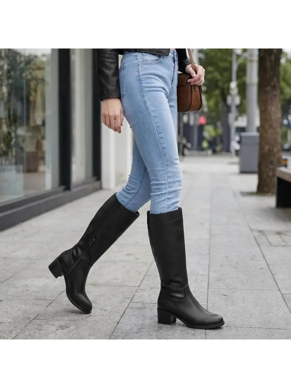 Women's Black Pu Chunky Heel Round Toe Pu Suede Side Zipper Knee High Boots